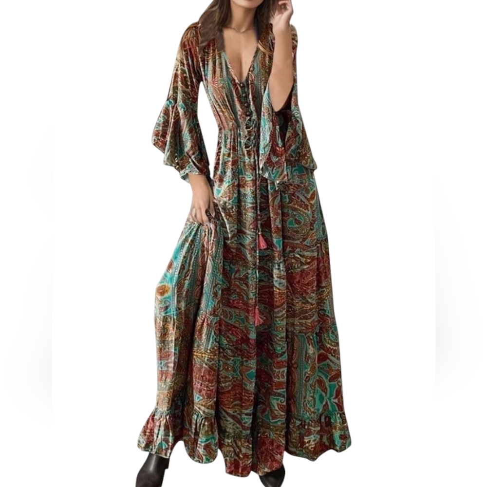Noracora‎ Women's Casual Long Sleeve Floral Print V Neck Maxi Dress Size L NWT